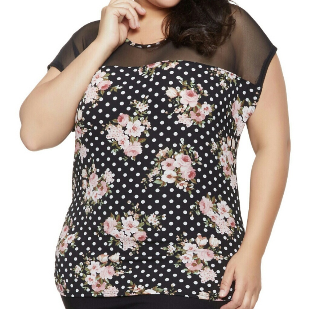 Black With Pink Floral Mesh Yoke Short Sleeve top - Picture 1 of 2
